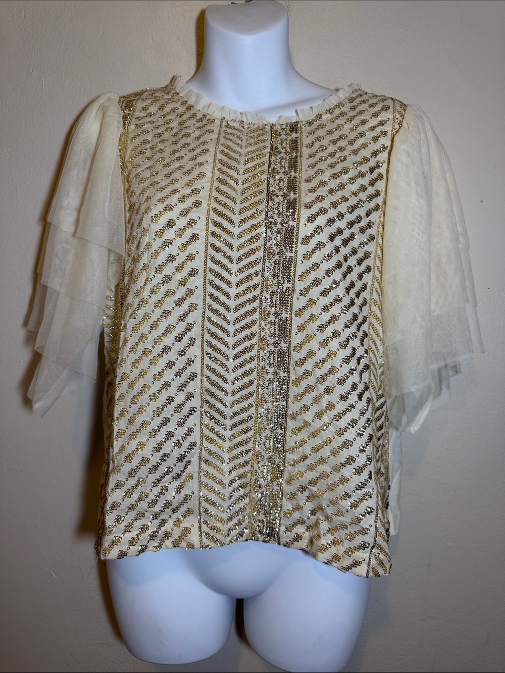 Letarte Ivory Blouse with Gold Sequin Chevron Accents